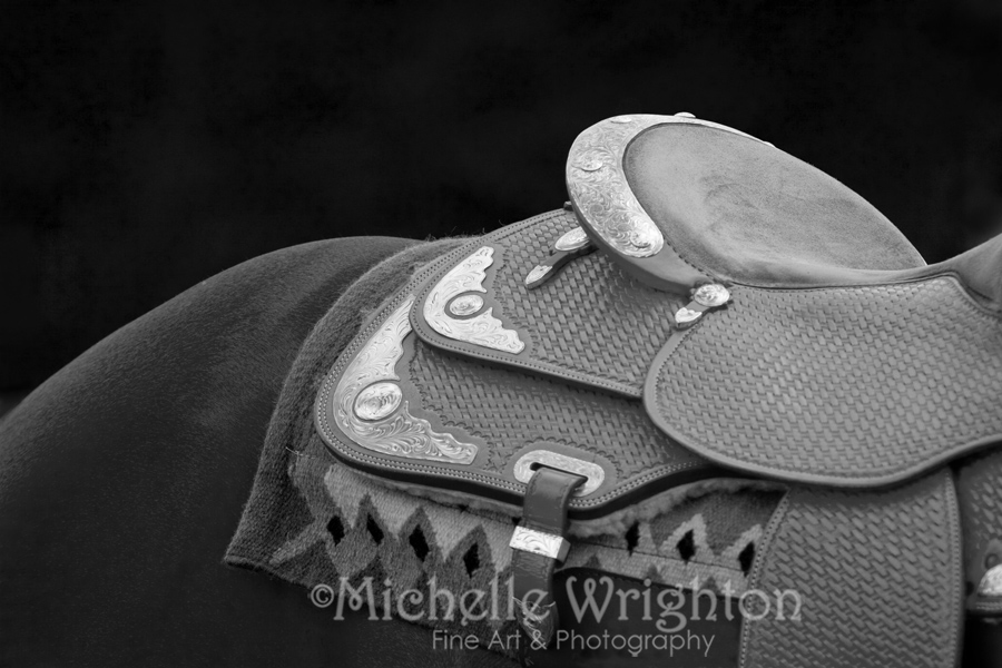 Navajo Silver and Basketweave Western saddle abstract photography in black and white