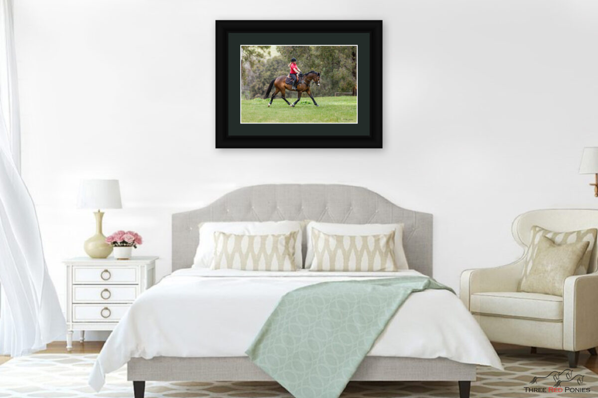 Framed horse and rider print on the wall in bedroom - horse photography