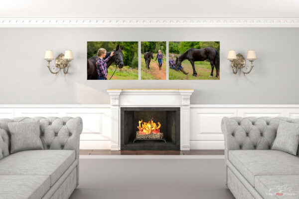 Room view wall art of three canvas prints of girl with horse - horse photography