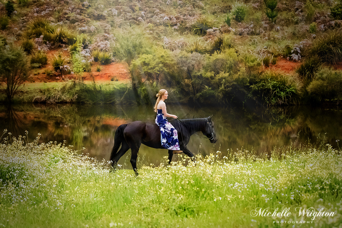 Black horse and girl prepare for a photoshoot - horse photographer