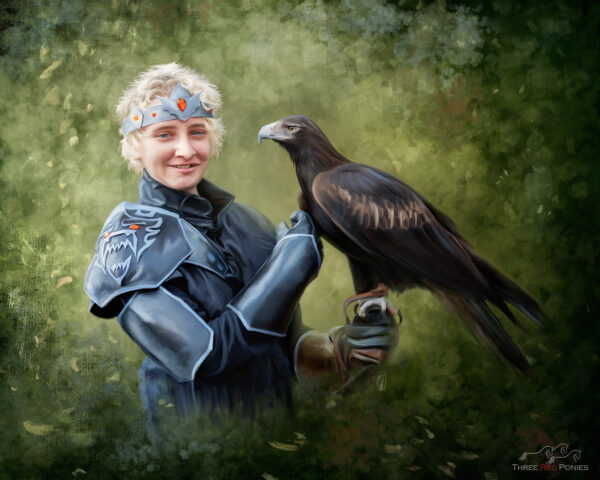 Painting of medieval warrior and wedgetail eagle - event paintings