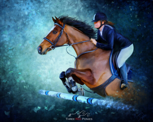 painting of a bay show jumping horse on a blue background - equestrian paintings