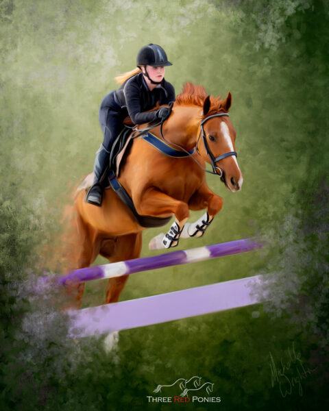 painting of a girl and chestnut horse showjumping - equestrian wall art