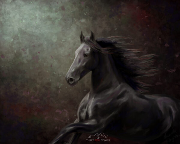 Painting of a black friesian horse running - equestrian art