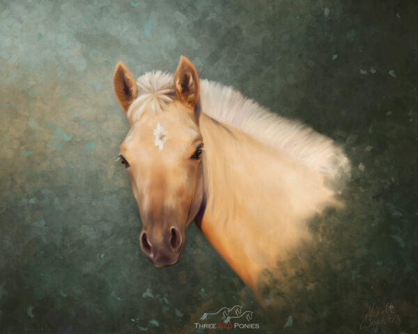 Palomino foal portrait painting on green background - custom hand painted